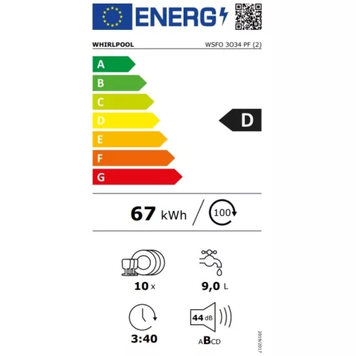Whirlpool WSFO 3O34 PF Szabadonálló mosogatógép 10 teríték,9 L,7 prog.,44 dB,D,Felső evőeszk.,45 cm,Digit.kijelző,Autom.ajtónyit.