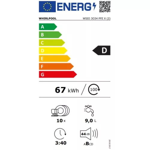 Whirlpool WSIO 3O34 PFE X Beépíthető mosogatógép, 10 teríték,9 L,7 prog.,44 dB,D,Felső evőeszk.,45 cm,Digit.kijelző,Autom.ajtónyit.