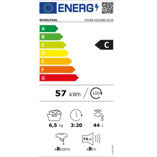 Whirlpool TDLRB 65242BS EU/N Felültöltős mosógép C,6.5 kg,1200 ford/perc,72 dB,Inverter motorral,Gőzfunkció nélkül