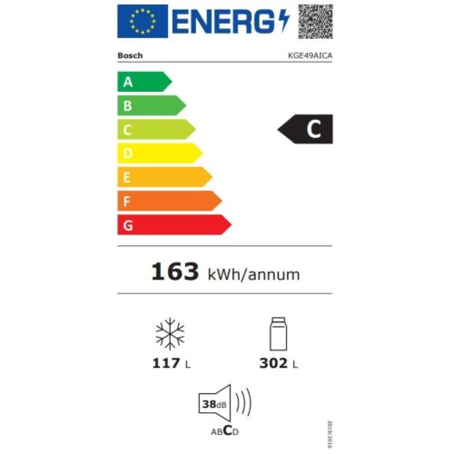 Bosch KGE49AICA Alulfagyasztós hűtőszekrény C Energiaosztály, Hűtő: 302L, Fagyasztó: 111L, Nofrost nélkül, Zajszint: 38 dB, Szél: 70 cm, Mag: 201 cm, Mély: 65 cm, Digitális kijelzővel