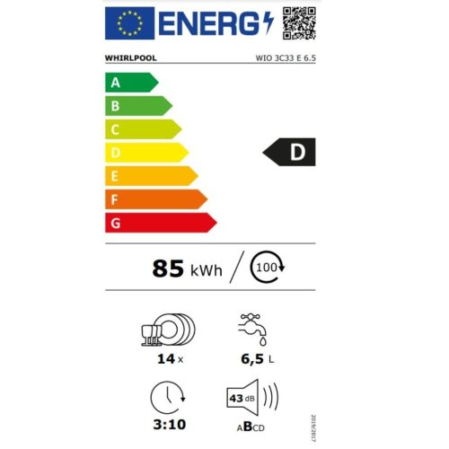 Whirlpool WIO 3C33 E 6.5 Beépíthető mosogatógép, 14 teríték,6.5 L,10 prog.,43 dB,D,Alsó evőeszk.,60 cm,Digit.kijelző,Autom.ajtónyit.