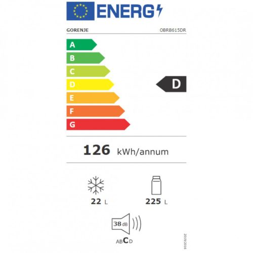 Gorenje OBRB615DR Egyajtós hűtőszekrény fagyasztóval D,225L/22L,Nofrost nélkül,38 dB,Szél: 59.5 cm,Mag: 152.5 cm,Mély: 66.1 cm