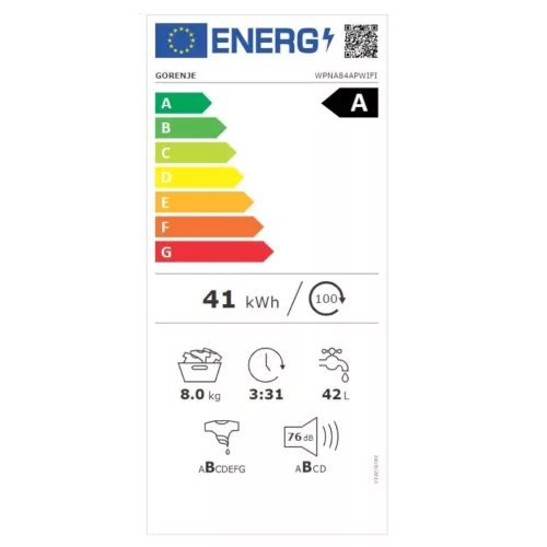 Gorenje WPNA84APWIFI Elöltöltős mosógép A,8 kg,Normál mélység,1400 ford/perc,76 dB,Inverter motorral,Gőzfunkcióval