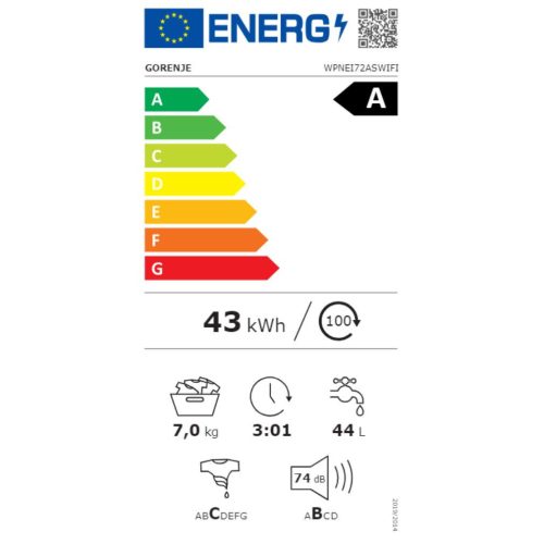 Gorenje WPNEI72ASWIFI Elöltöltős mosógép A Energiaosztály, 7 kg, Normál mélység, 1200 fordulat/perc, Centrifugálási zajszint: 74 dB, Inverter motorral, Gőzfunkcióval
