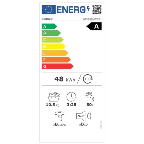 Gorenje WPNA14A3PWIFI Elöltöltős mosógép A Energiaosztály, 10 kg, Normál mélység, 1400 fordulat/perc, Centrifugálási zajszint: 76 dB, Inverter motorral, Gőzfunkcióval