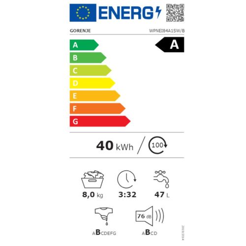 Gorenje WPNEI84A1SW/B Elöltöltős mosógép A Energiaosztály, 8 kg, Normál mélység, 1400 fordulat/perc, Centrifugálási zajszint: 76 dB, Inverter motor, Gőzfunkcióval