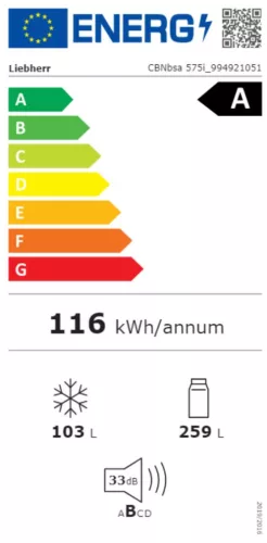 Liebherr CBNsda 575i Alulfagyasztóshűtőszekrény A,259L/103L,Nofrost,33 dB,Szél: 59.7 cm,Mag: 201.5 cm,Mély: 67.5 cm,