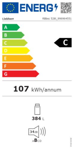 Liebherr RBbsc 528i Egyajtóshűtőszekrény C,384L,Nofrost nélkül,34 dB,Szél: 59.7 cm,Mag: 185.5 cm,Mély: 67.5 cm,