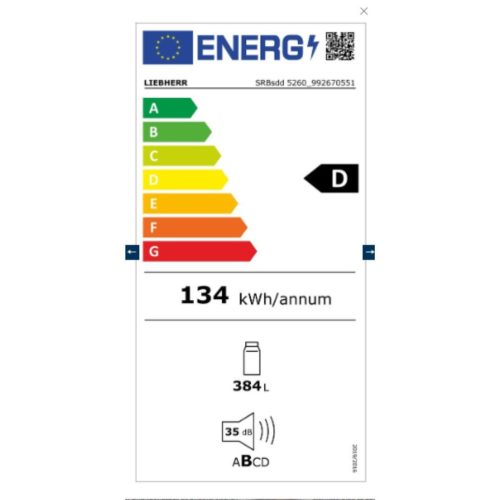 Liebherr XRFsd 5265 Side-by-side,hűtőszekrény D,384L/277L,Nofrost,35 dB,Szél: 119.4 cm,Mag: 185.5 cm,Mély: 67.5 cm