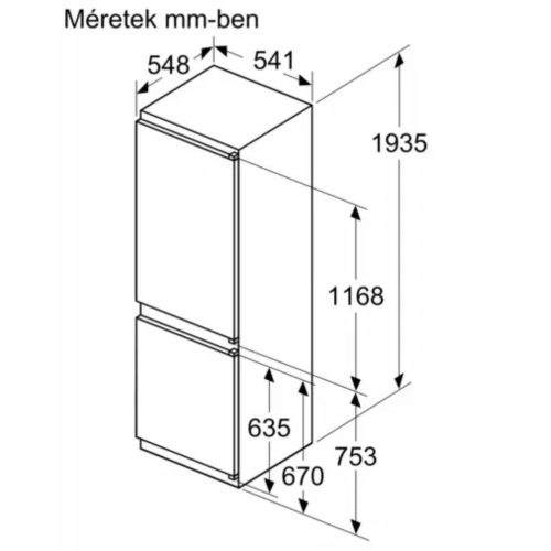 Bosch KIN96NSE0 Beépíthető Alulfagyasztós hűtőszekrény, E,214L/75L,Nofrosttal,34 dB,Szél: 54.1 cm,Mag: 193.5 cm,Mély: 54.8 cm,