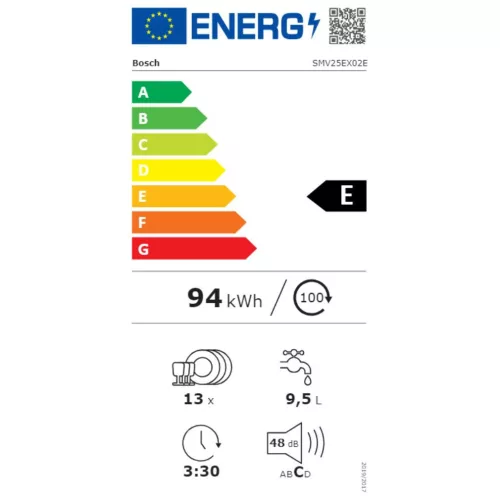 Bosch SMV25EX02E Beépíthető mosogatógép, bútorlap nélkül 13 teríték, 9.5 L fogyasztás, 5 program,  48 dB zajszint, E energia, Felső evőeszköztartó , 60 cm, Digit. kijelző nélkül, Automata ajtónyitás nélkül