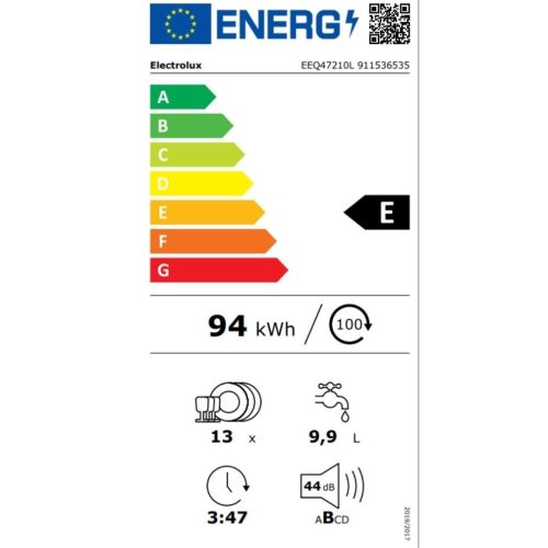 Electrolux EEQ47210L Beépíthető mosogatógép, 13 teríték,9.9 L,5 prog.,44 dB,E,Alsó evőeszk.,60 cm,Digit.kijelző,Autom.ajtónyit.
