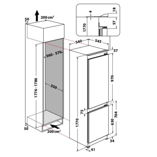 Whirlpool WHC18 T574 P Beépíthető Alulfagyasztós hűtőszekrény, C,182L/68L,Nofrost,32 dB,Szél: 54.5 cm,Mag: 177 cm,Mély: 56 cm