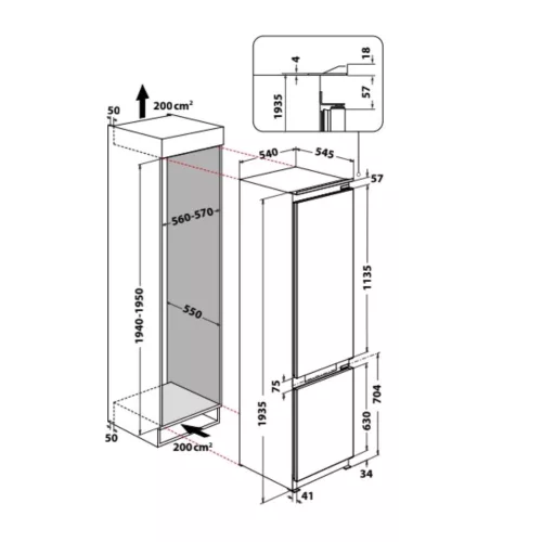 Whirlpool WHC20 T593 P Beépíthető Alulfagyasztós hűtőszekrény, D,212L/68L,Nofrost,32 dB,Szél: 54 cm,Mag: 193.5 cm,Mély: 55 cm