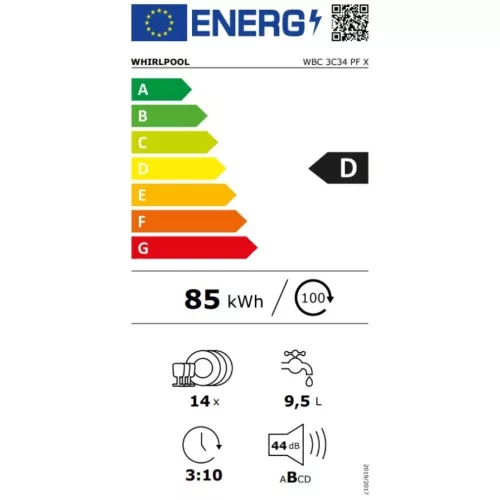 Whirlpool WBC 3C34 PF X Beépíthető mosogatógép, 14 teríték,9.5 L,8 prog.,44 dB,D,Felső evőeszk.,60 cm,Digit.kijelző,Autom.ajtónyit.