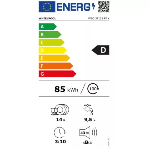 Whirlpool WBO 3T133 PF X Beépíthető mosogatógép, 14 teríték,9.5 L,10 prog.,43 dB,D,Alsó evőeszk.,60 cm,Digit.kijelző,Autom.ajtónyit.