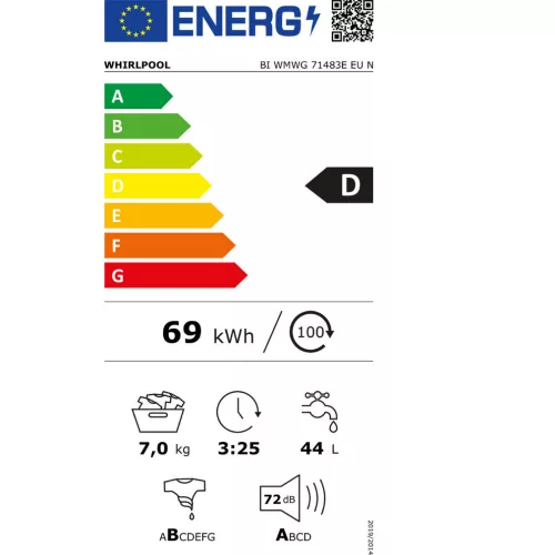 Whirlpool BI WMWG 71483E EU N Beépíthető Elöltöltős mosógép D,7 kg,Normál mélység,1400 ford/perc,72 dB,Inverter motorral,Gőzfunkció nélkül