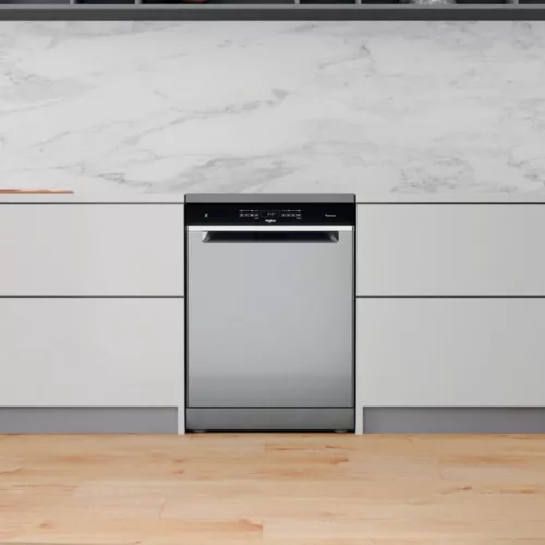 Whirlpool WFO 3O32 N P X Szabadonálló mosogatógép 14 teríték,9.5 L,10 prog.,42 db,D,Alsó evőeszk.kosár,60 cm,Digit.Kijelző, Autom.ajtónyit.