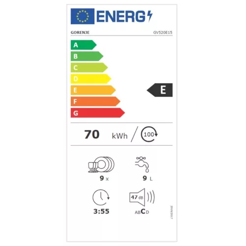 Gorenje GV520E15 Beépíthető mosogatógép, 9 teríték,9 L,5 prog.,47 dB,E,Alsó evőeszk.,45 cm,Autom.ajtónyit.nélkül