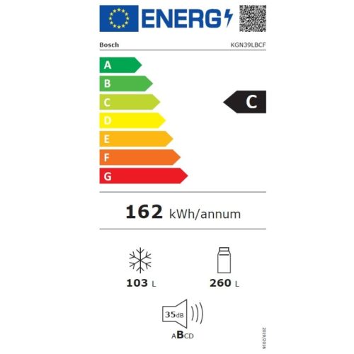 Bosch KGN39LBCF Alulfagyasztós hűtőszekrény C Energiaosztály, Hűtő: 260L, Fagyasztó: 103L, Nofrost, Zajszint: 35 dB, Szél: 60 cm, Mag: 203 cm, Mély: 66 cm, Digitális kijelzővel