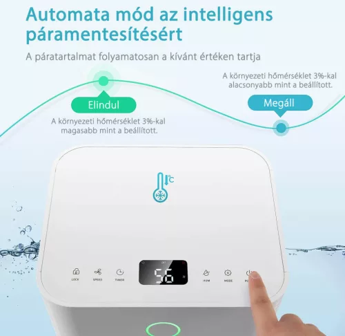 HOMEFORT HPMS12W Páramentesítő,12 L/nap,Digit.kijelző,Gyerekzár,Időzítő,2 L tartály,Telítettségjelző,38 dB,Kivezethető cseppvíz