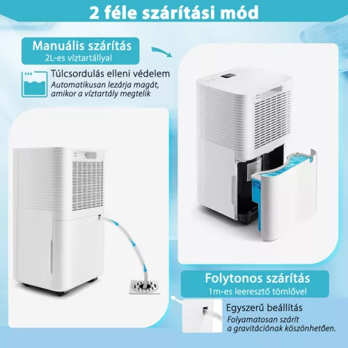 HOMEFORT HPMS12W Páramentesítő,12 L/nap,Digit.kijelző,Gyerekzár,Időzítő,2 L tartály,Telítettségjelző,38 dB,Kivezethető cseppvíz