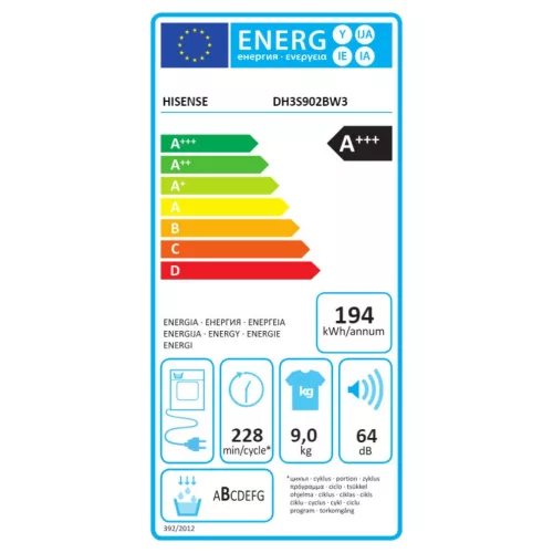 Hisense DH3S902BW3 Hőszivattyús szárítógép A+++,9 kg,64 dB,Inverter motor 