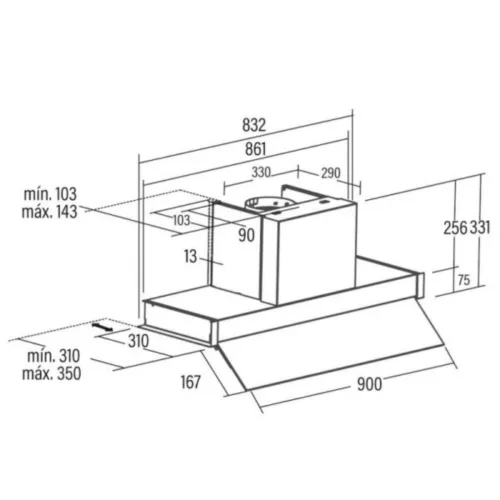 Cata TENTA 900 XGWH Aláépíthető páraelszívó LED világítás 1 db motor,1200 m3/h,46-63 dB,90 cm széles,A+