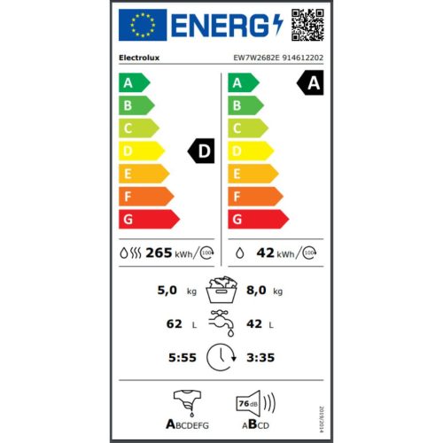 Electrolux EW7W2682E Elöltöltős mosógép A,8 kg,Normál mélység,1600 ford/perc,72 dB,Inverter motorral,Gőzfunkcióval