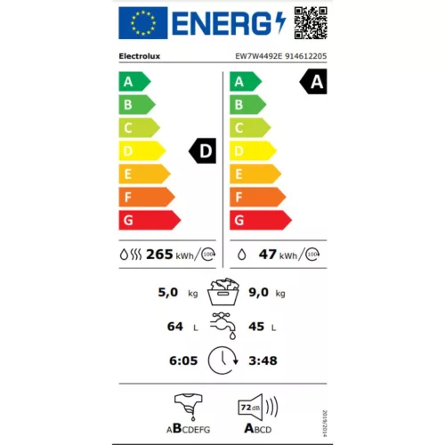 Electrolux EW7W4492E Elöltöltős mosógép A,9 kg,Normál mélység,1400 ford/perc,72 dB,Inverter motorral,Gőzfunkcióval