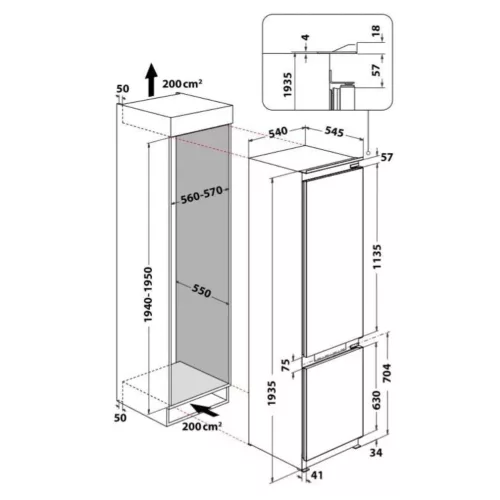 Whirlpool WHC20 T593 Beépíthető Alulfagyasztós hűtőszekrény, D,212L/68L,Nofrost,32 dB,Szél: 54 cm,Mag: 193.5 cm,Mély: 55 cm