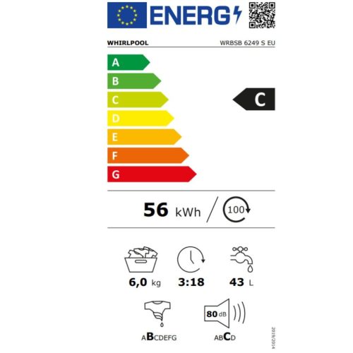 Whirlpool WRBSB 6249 S EU Elöltöltős mosógép C,6 kg,Keskeny mélység,1200 ford/perc,80 dB,Inverter motorral,Gőzfunkció nélkül