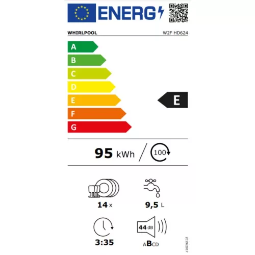 Whirlpool W2F HD624 Szabadonálló mosogatógép 14 teríték,9.5 L,9 prog.,44 dB,E,Alsó evőeszk.,60 cm,Digit.kijelző,Autom.ajtónyit.