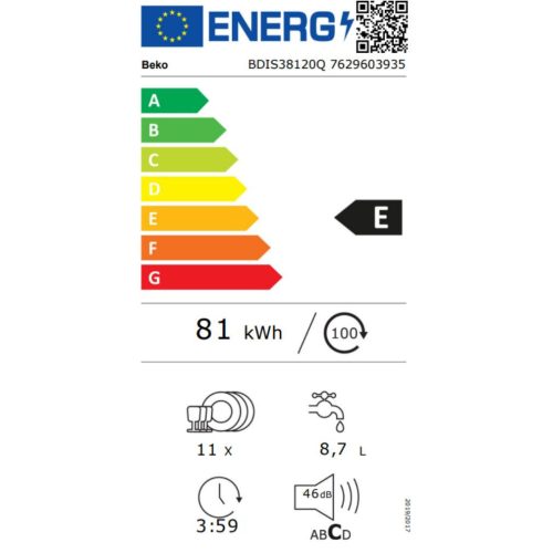 Beko BDIS38120Q Beépíthető mosogatógép, 11 teríték,8.7 L,8 prog.,46 dB,E,Felső evőeszk.,45 cm,Digit.kijelző, Autom.ajtónyit.nélkül