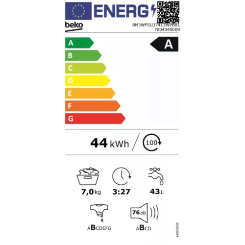 Beko BM3WFSU37413WPBB1 Elöltöltős mosógép A,7 kg,Keskeny mélység,1400 ford/perc,76 dB,Inverter motorral,Gőzfunkcióval